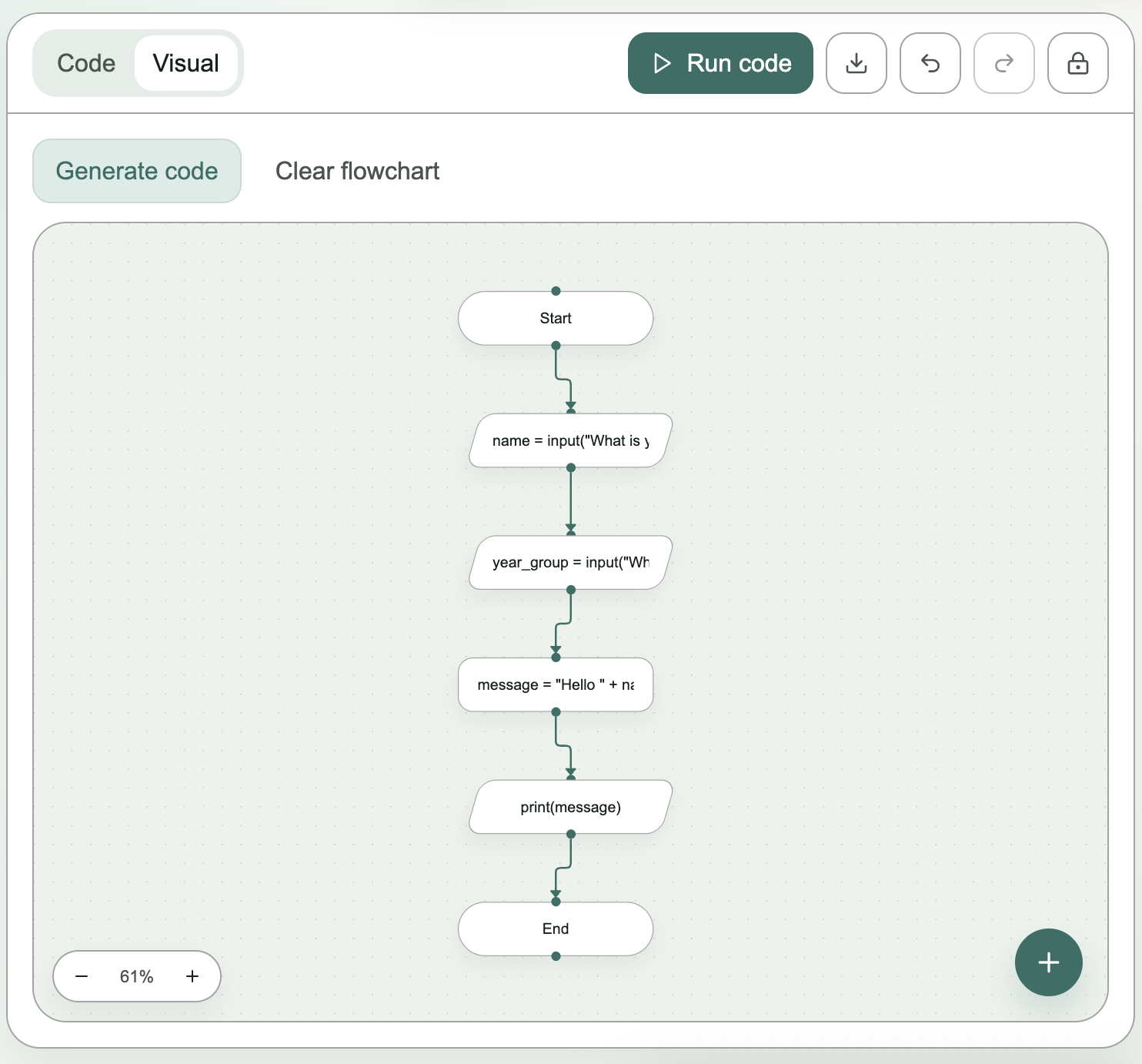 Visual flowchart mode showing a simple algorithm flow.